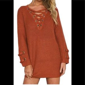 Lace Up Front V Neck Knit Pullover Mini Dress Top